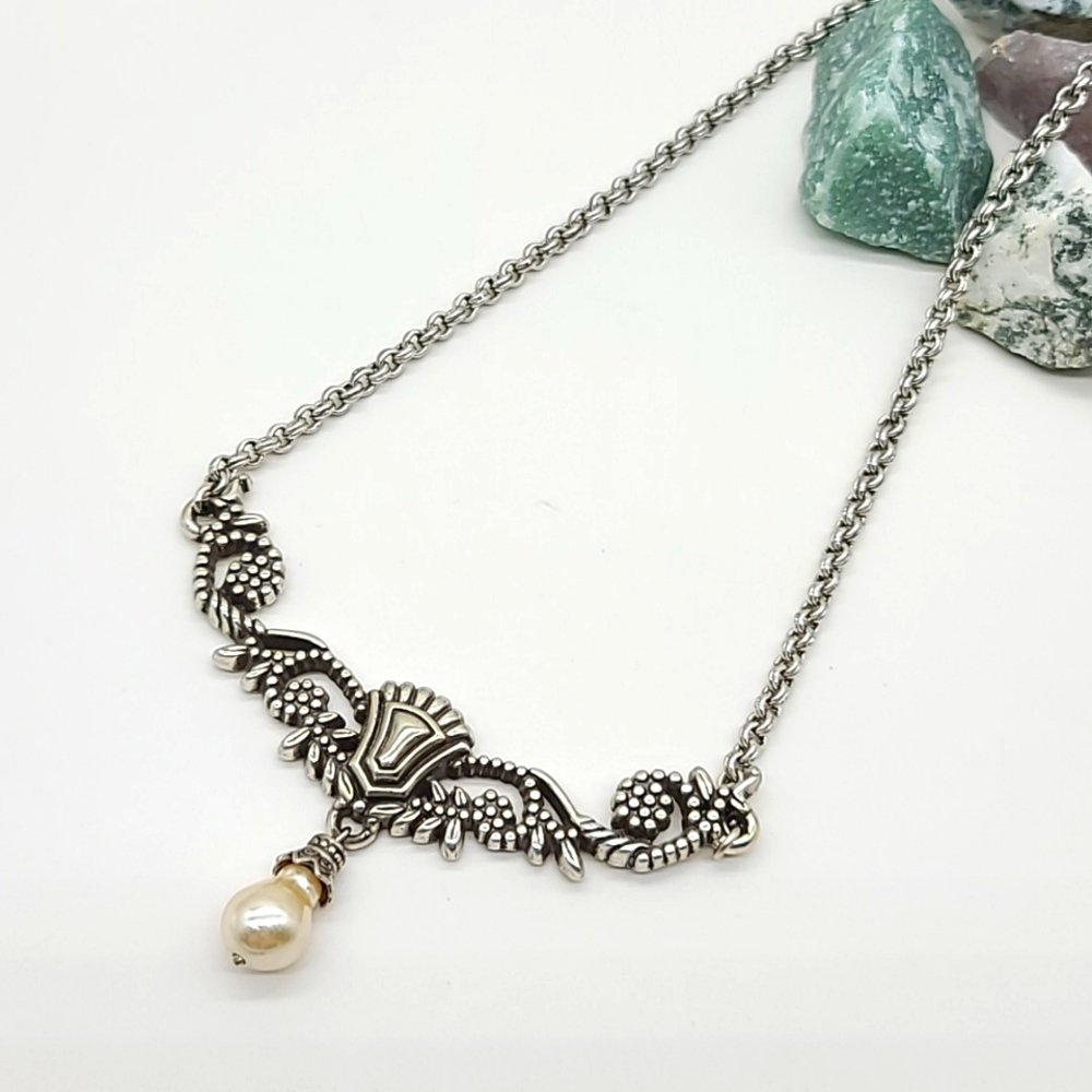 Brighton Rare "VICTORIAN BAROQUE" Openwork Filigree Neck w Glass Pearl Drop!